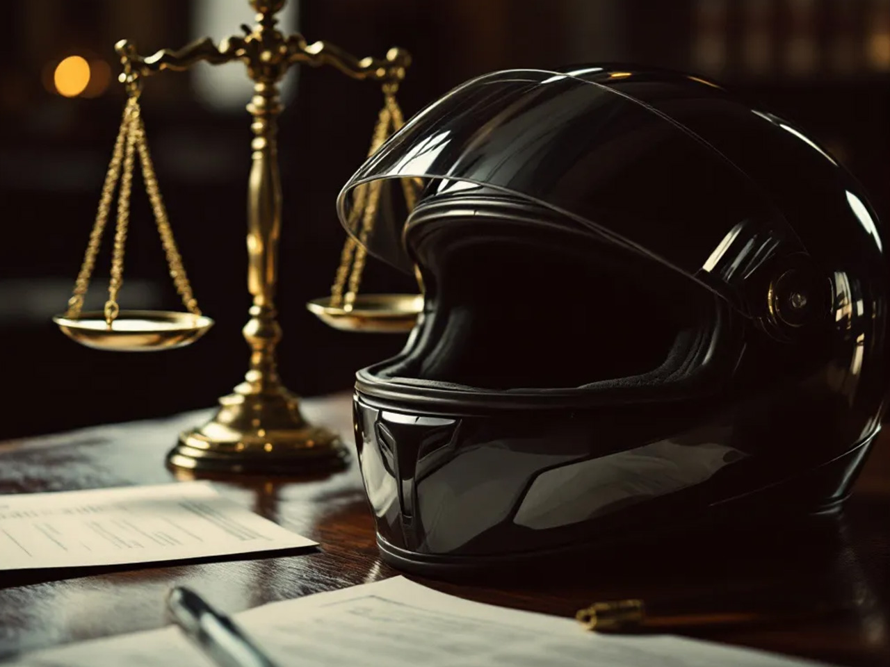 motorcycle helmet sitting on top of a lawyers desk
