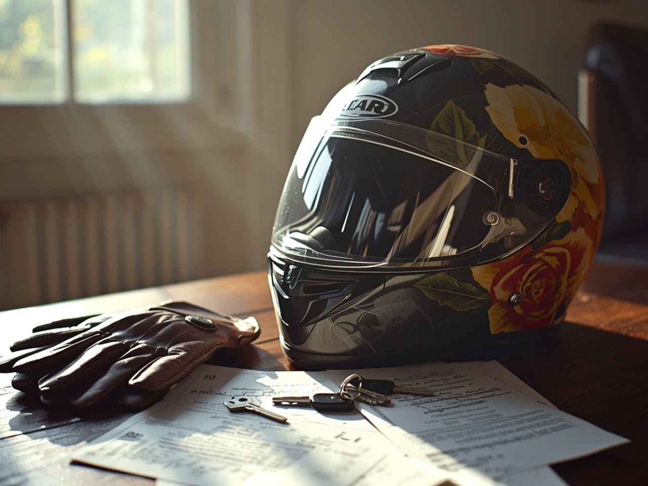 Helmet on table with insurance paperwork