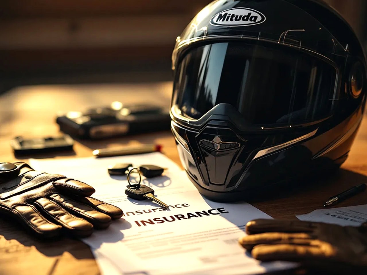 insurance paperwork, motorcycle helmet, gloves, and keys on a wooden desk