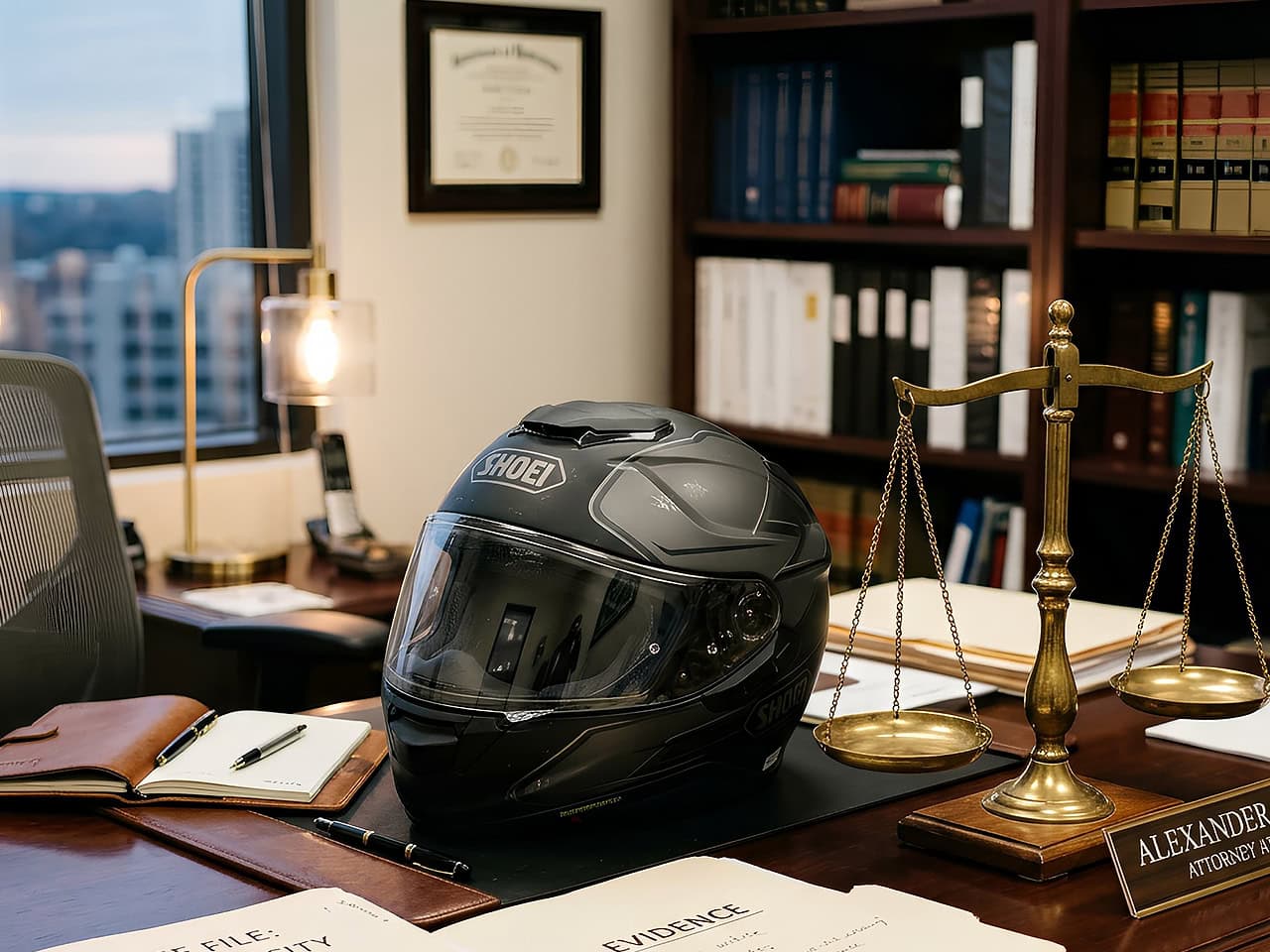 Motorcycle helmet on criminal defense attorneys desk